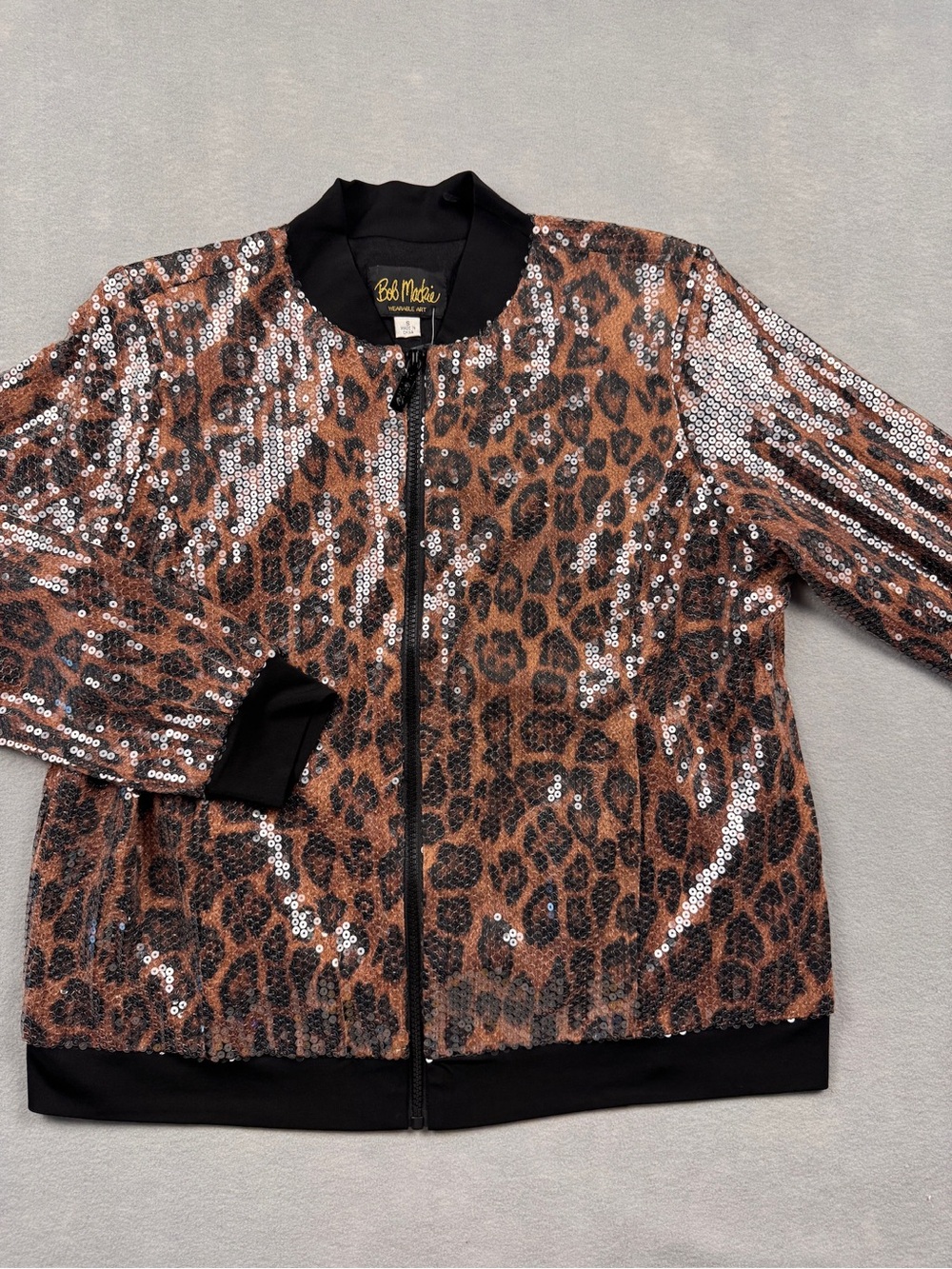 BOB MACKIE Bomber Jacket Womens S Wearable Art Leopard Print Sequin Mob Wife